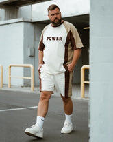 Big & Tall Men's Khaki POWER Alphabet Print Round Neck Short Sleeve T-Shirt Shorts Suit